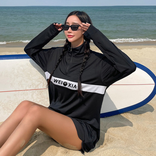 2024 Korean Version New Men's and Women's Letter Relaxed Zipper Long Sleeve Straight Short Shorts Swimwear Ins Vacation Swimwear