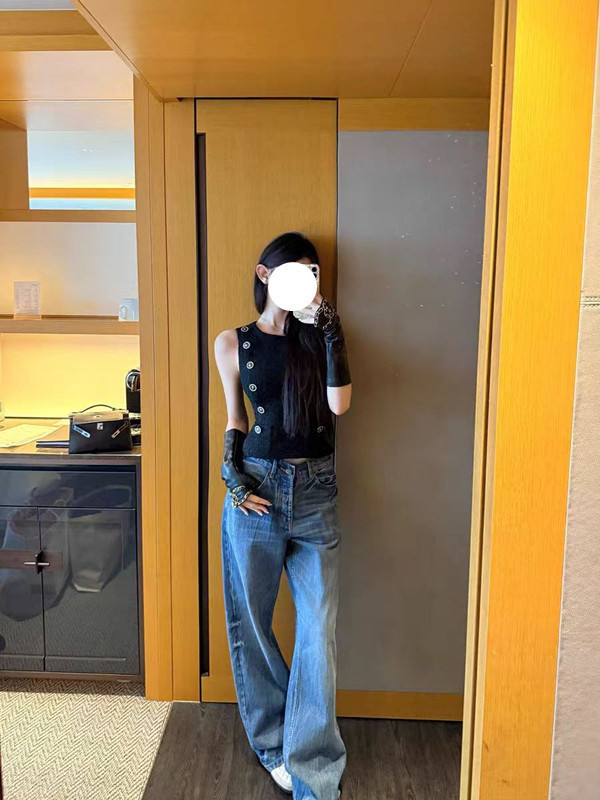 早安樊樊s1p私服V腰牛仔裤 100棉土耳其牛仔料长裤宽松直筒裤|undefined