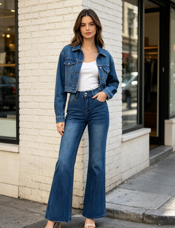 Jeans Acampanados para Mujer de Denim Elástico de Cintura Alta y Alta Elasticidad