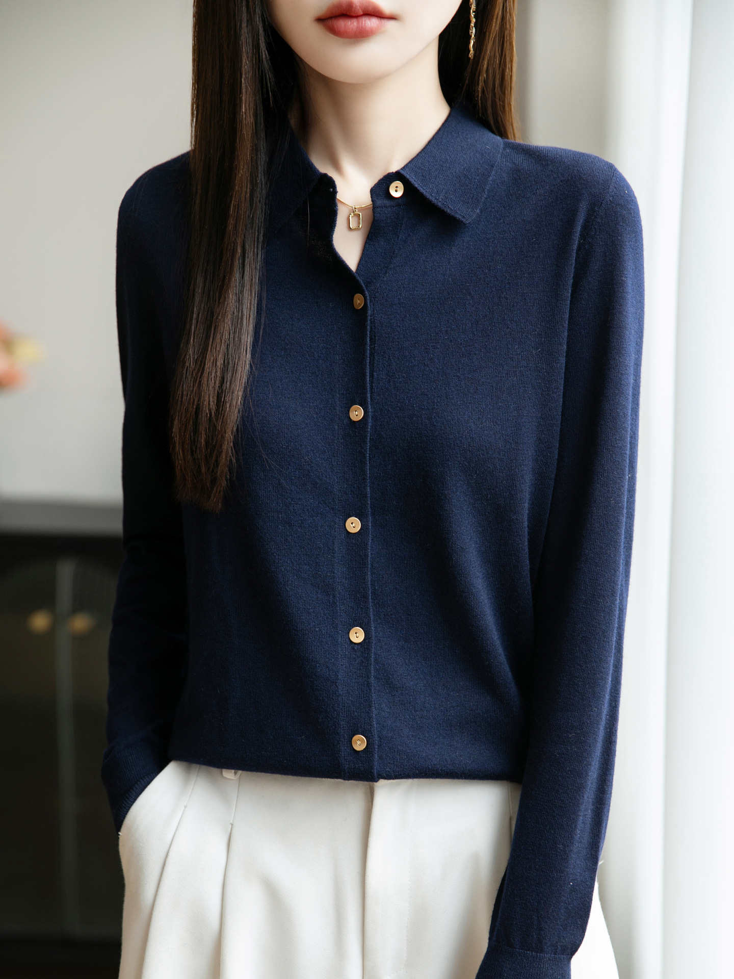 25 Years Early Autumn New Fine Wool Polo Collar Knitted Cardigan Long-Sleeved Women's Pure Color Loose Versatile Top Jacket