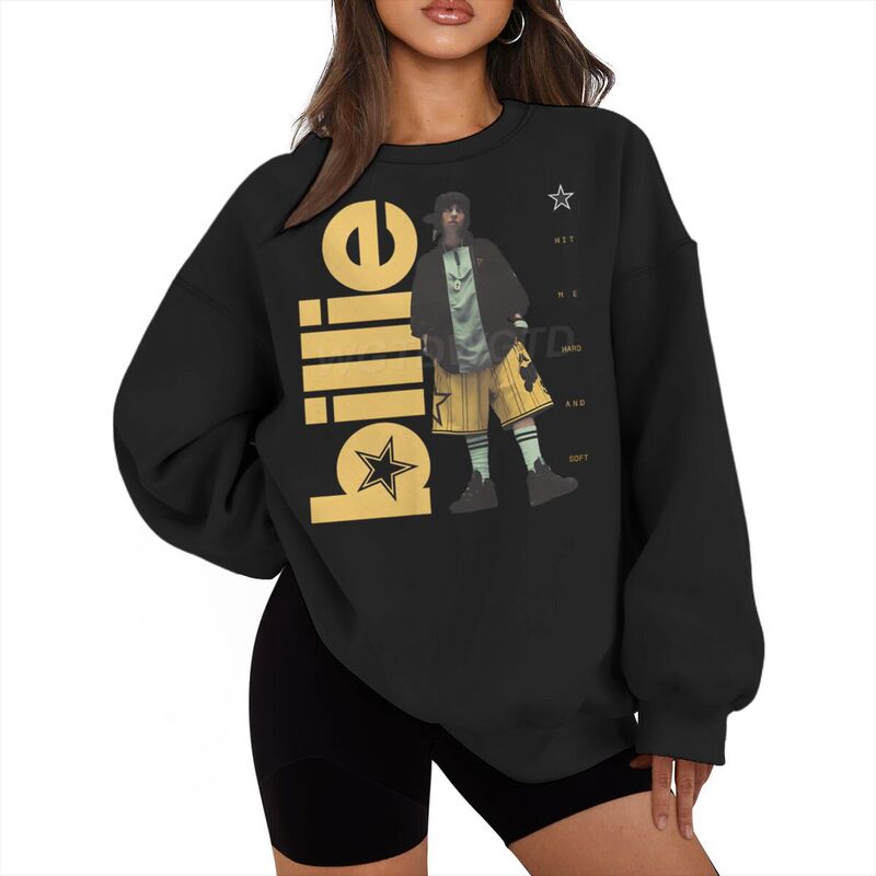 Foreign Trade Billie Eilish Printed Unisex European and American Fashion Long-Sleeved Fleece-Lined Crew Neck Sweatshirt