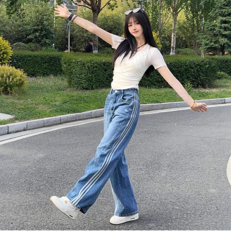 Clover Autumn and Winter Wide-Leg Jeans Unisex Three-Stripe Pants Couple American Style Trendy Straight Long Pants Clover Autumn and Winter Wide-Leg Jeans Unisex Three-Stripe Pants Couple American Style Trendy Straight Long Pants