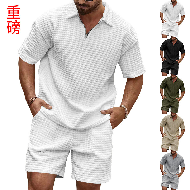 2024 summer foreign trade new men's leisure trend fashion comfortable waffle solid color turtleneck sports suit 2024 summer foreign trade new men's leisure trend fashion comfortable waffle solid color turtleneck sports suit
