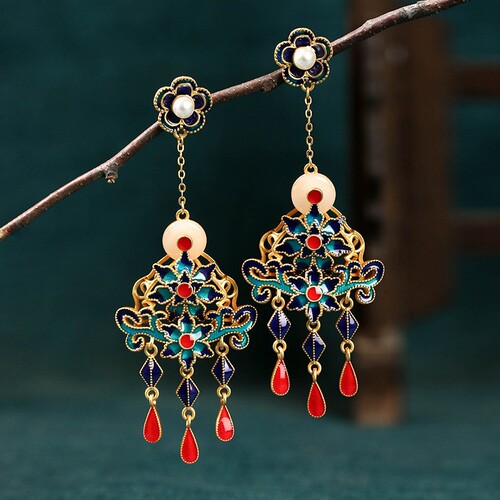 Airyuan national fashion accessories for women, antique color-preserving gold-plated imitation jade, niche design, retro earrings, birthday gifts