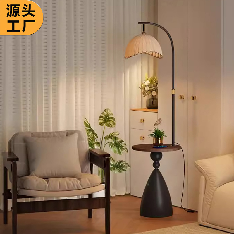 Bedside Storage Integrated Floor Lamp, Antique Style Wabi-Sabi Retro Living Room Bedroom Coffee Table Bedside Table Integrated Table Lamp