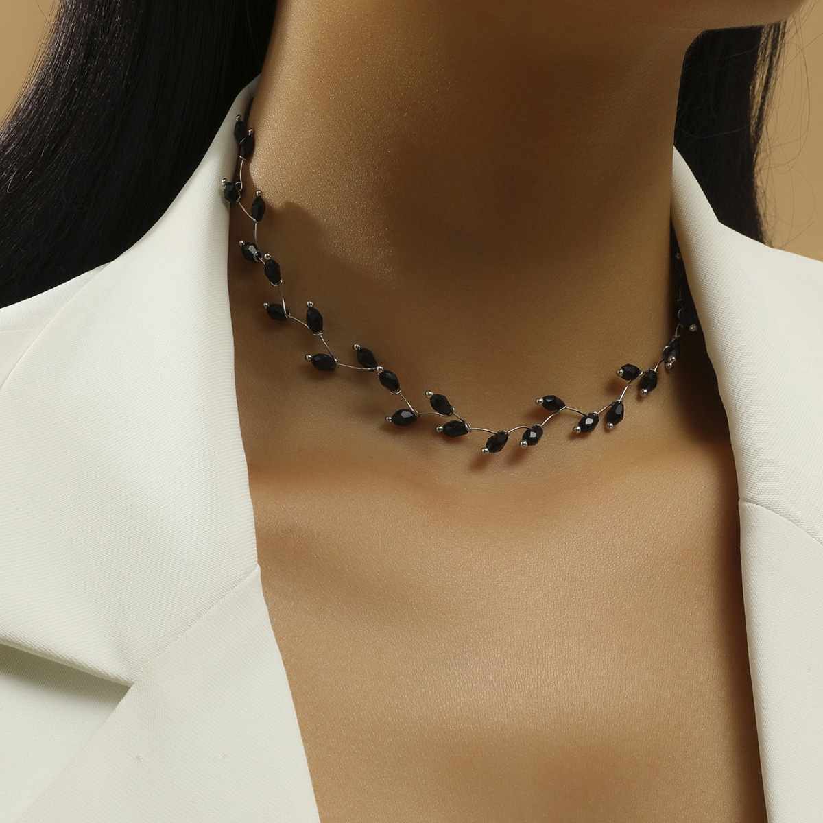 Black Crystal Beads Short Necklace Women's Collarbone Chain Japanese and Korean Style Short Fashion Elegant Necklace Simple Necklace with Accessories