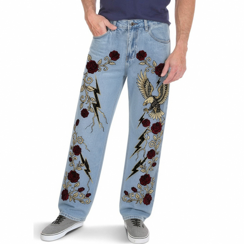 European and American Style Eagle Rose Imitation Embroidery Wide-Leg Pants High Street American Retro Distressed Straight-Leg Jeans
