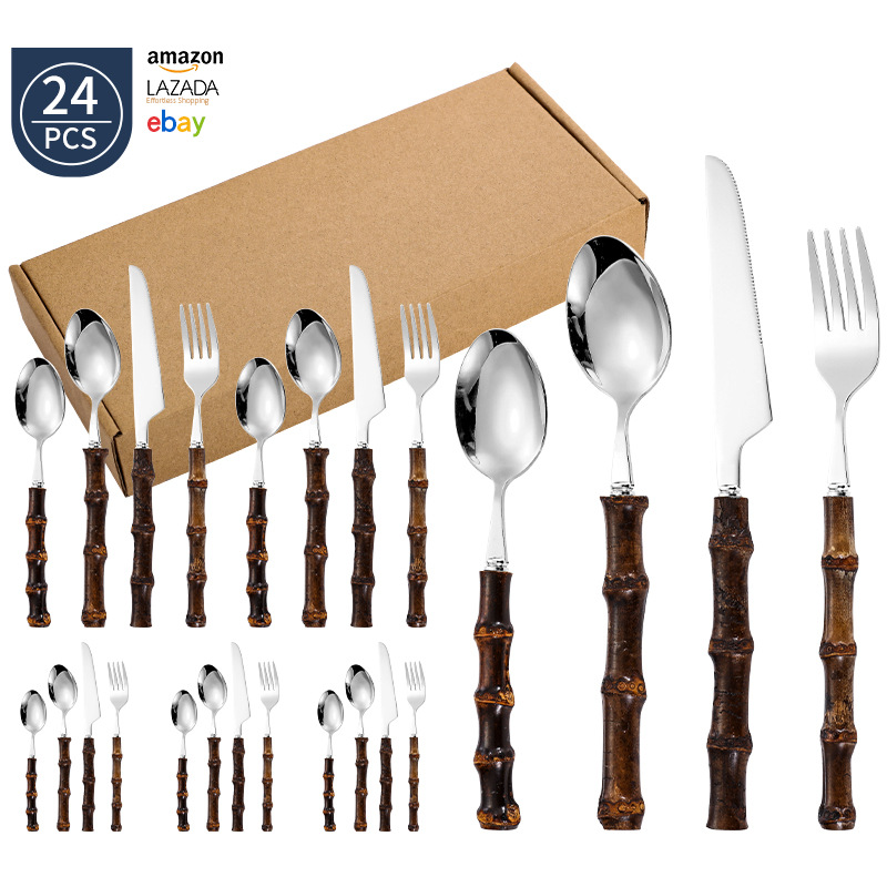 Conjunto de cubiertos transfronterizos mango de bambú natural cuchillo y tenedor cuchara creativa cuchillo y tenedor de acero inoxidable hotel conjunto de regalo