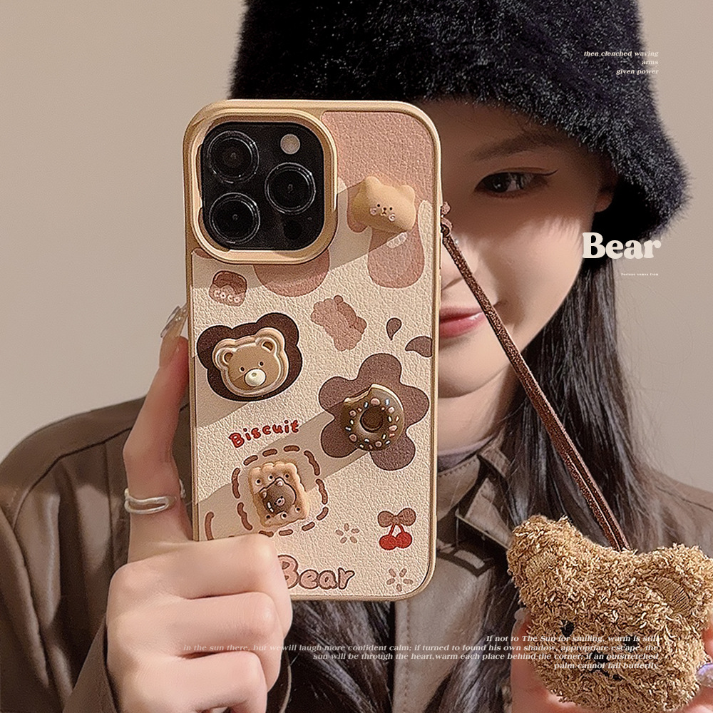 Funda de Teléfono 3D con Diseño de Oso de Galleta para iPhone 16, 17 Pro Max, 13, Compatible con iPhone 15, con Cordón Bonito, 12, Rígida