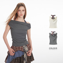 HeyHenry 欧美纯欲风荡领一字肩蝴蝶结设计感T恤女性感露锁骨上衣