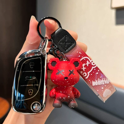 Dongfeng Citroen c5 key Car key bag - modified-b-folding-3-keys-single-shell-black-red-violent-bear-pendant