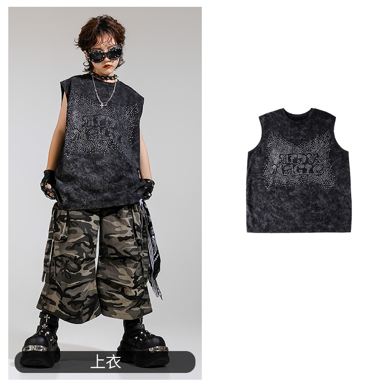 Disfraz de niño de baile callejero para niños, traje de chaleco sin mangas de diamantes calientes para niños guapos