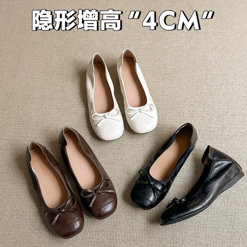 2026 model women's black bowknot slip-on ballet flats with hidden height increase, soft sole granny shoes for commuting