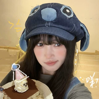 卡通可爱史迪仔贝雷帽女春夏复古牛仔八角帽子情侣搞怪百搭报童帽