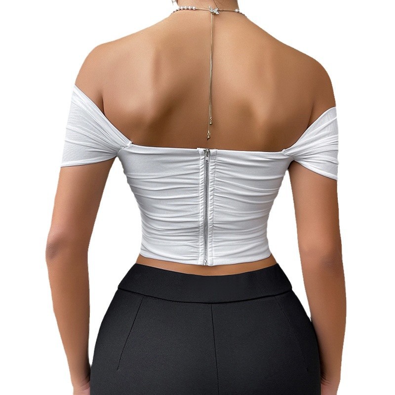 Abbigliamento donna: canotta senza spalline con corsetto a spina di pesce, spalle scoperte e maniche corte, stile vacanza._voghion.com