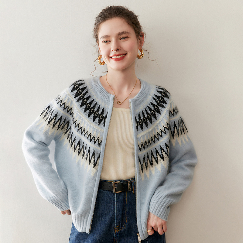 Retro Fair Isle Jacquard Cashmere Cardigan Women's Round Neck Zipper Loose Lazy Style Knitted Sweater Large Size Jacket