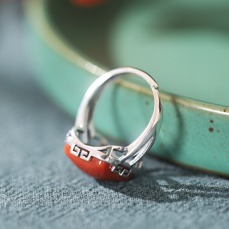 Square retro S925 silver inlaid Hetian jade geometric open ring