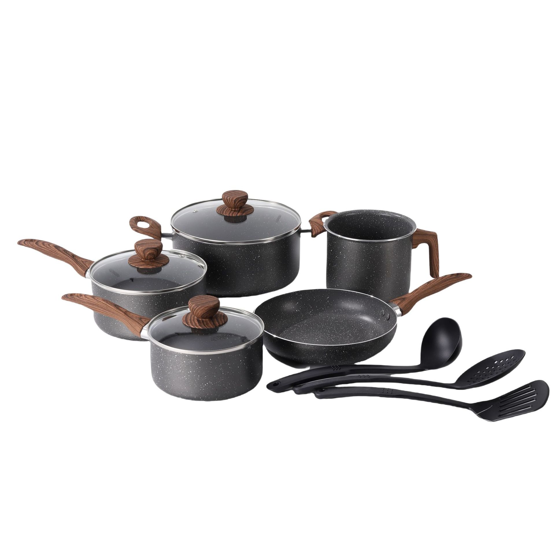 Sartén antiadherente de aluminio de piedra médica, wok, sartén, olla de sopa, mango de madera, colador, pala de tres piezas al por mayor