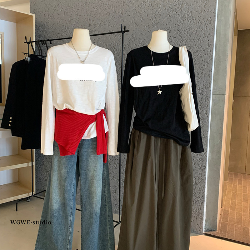 WGWE7380美式宽松休闲微透长袖T恤字母印花内搭上衣|undefined