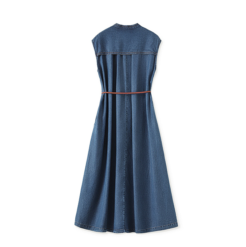 Váy liền denim Tiansi dáng maxi thắt eo phong cách Pháp mùa hè — Màu xanh lam chi tiết 10