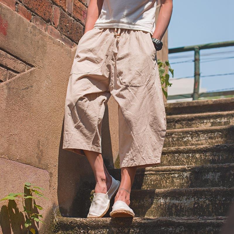 Pantalón ancho de elefante tailandés, bombachos, marca de moda para hombre, pantalones cortos de lino sueltos de gran tamaño, pantalones cortos, entrepierna grande, pantalones de playa, verano