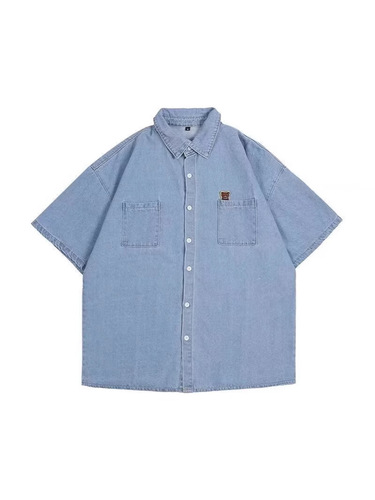 Spring and Autumn Korean Version Trendy Denim Shirt for Men Short Sleeve Loose Hong Kong Style Retro Versatile Casual Collarless Top