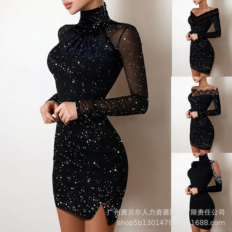 2021 European and American New Bronzing Stitching V-Neck Pleated Satin Dress ODS1013C Series