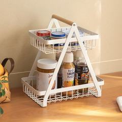 Japanese-style detachable fruit basket kitchen living room desktop storage rack bread basket hand-held wooden stick wrought iron double-layer storage