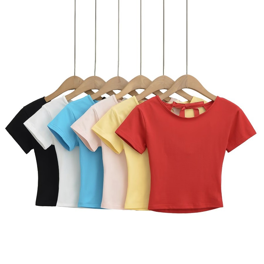 Summer solid sexy short T-shirt with bow with a round collar