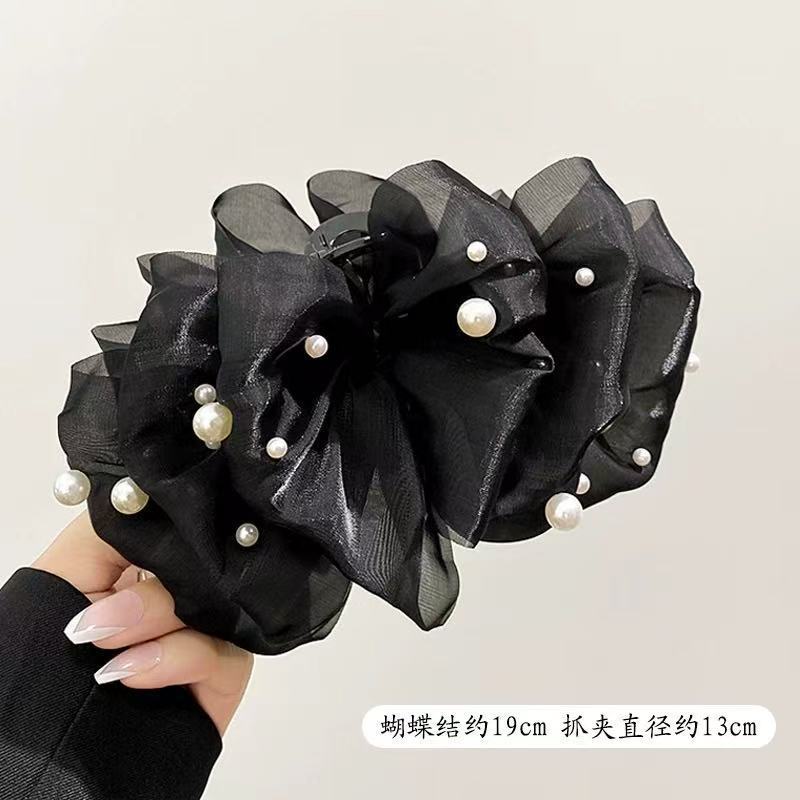 新作レトロ韓国風布製リボン三角ヘアクリップ、女性用大型ヘアクリップ、後頭部の髪量が多い方用シャーククリップ|undefined