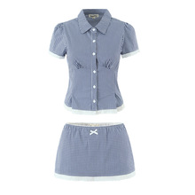 纯欲25夏季新款博主同款蕾丝花边格子衬衫+短款蝴蝶结短裙套装女