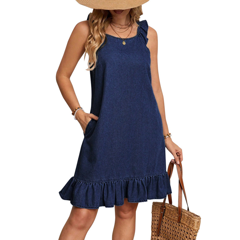 Women's Denim Dress round Neck Sleeveless Pleated Hem Skirt 218586 Cross Border Style Factory Direct Sales Summer Regular Size_ecoleips.com