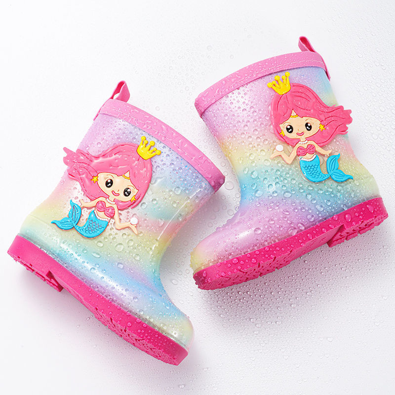 Children's Rain Boots Princess Girls Kindergarten Baby Non-Slip Rain Boots Water Shoes Fleece-Lined Kidsren's Water Boots Cute Rainbow