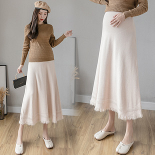 Reality Pats Pregnant Women Autumn and Winter Knitted Abdomen-supporting Skirt High Waist Slimming Tassel Long Skirt for Pregnancy