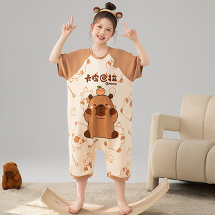 Children's One-Piece Pajamas for Girls 2025 New Summer Short-Sleeved Big Kidsren's Home Clothes Girls Pure Cotton Air-Conditioned Clothes