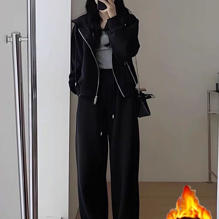 Sports Suit for Women in Autumn and Winter Fleece-Lined Trendy Korean Style Loose Slimming Look Fashion Internet Celebrity Casual Two-Piece Running Suit