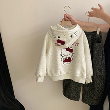 韩版卡通刺绣加绒连帽外套2025女童秋冬新款加绒豹纹工装裤两件套