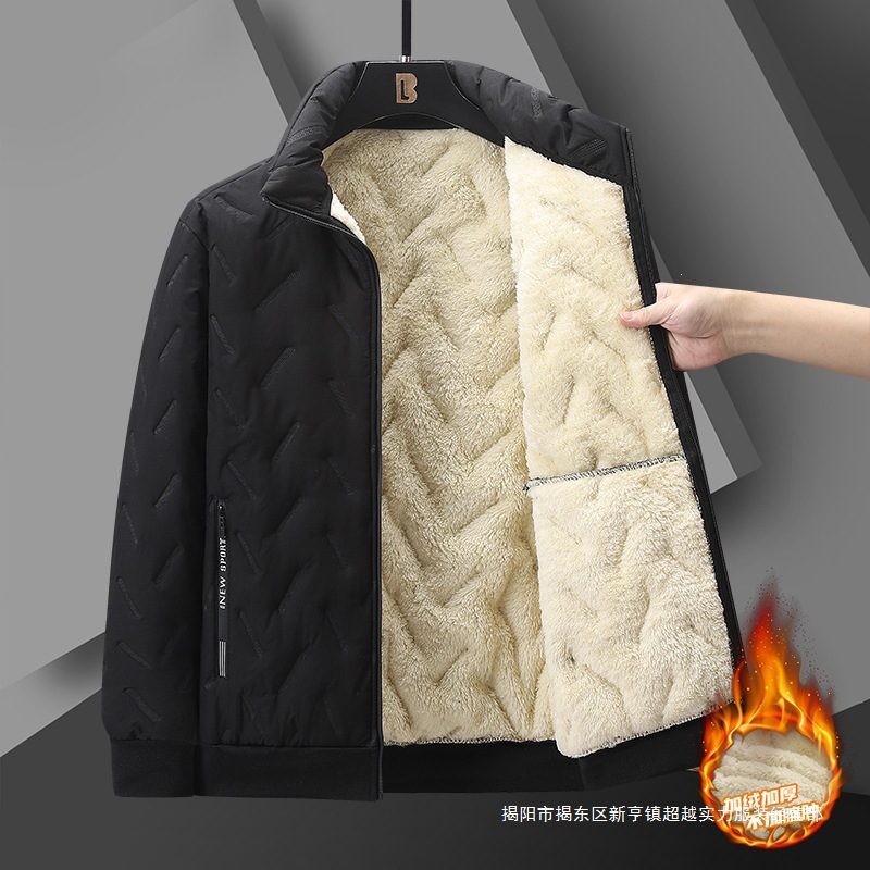 Amazon AliExpress men's trendy fleece-lined cotton jacket, thickened for warmth, loose fit, plus size, winter outerwear