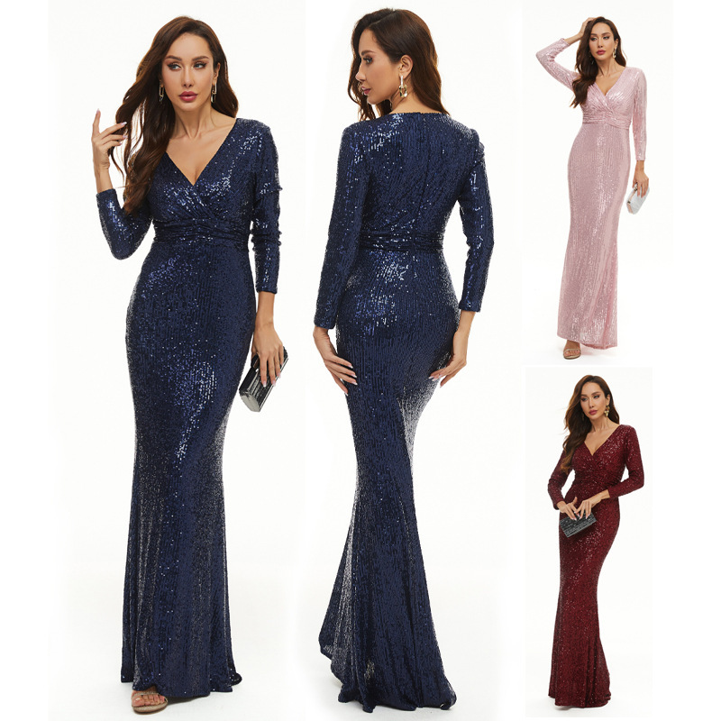 Long-Sleeved V Neck Sequined Fishtail Skirt Host Banquet Evening Dress Female Long Dress Bridesmaid Dress Toast Dress