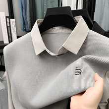 主推款品牌男假两件长袖衬衫领时尚羊毛衫秋冬针织打底衫中年T恤