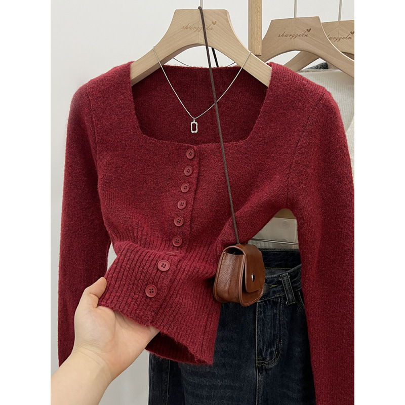 Red Christmas Atmosphere Animal Year Sweater Knitted Cardigan Women's Autumn and Winter Square Collar Buttoned Inner Top
