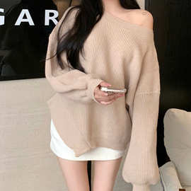 慵懒休闲宽松斜肩长袖毛衣女冬季纯欲气质纯色一字肩不规则针织衫