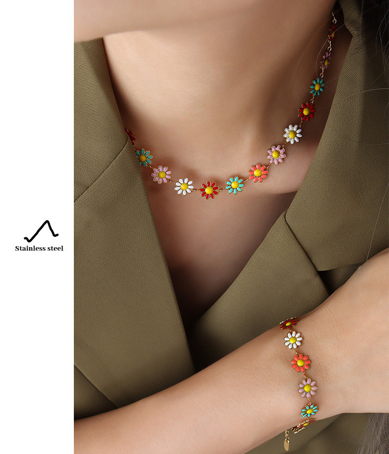 Bohemian Flower Titanium Steel Enamel Womenu0027S Bracelets Necklace