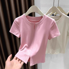 ピンク甘いドーパミンアイスシルクニット半袖 Tシャツ女性の夏 2025 新しいジッパースリットボトリングシャツトップ