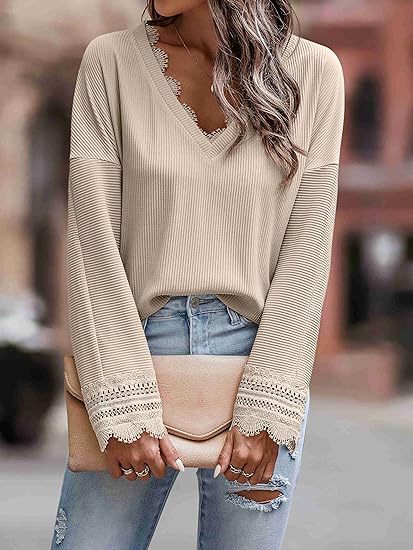 2023 New Women's V Neck Lace Crochet Autumn Long Sleeve Shirt Sexy Casual Fashion Clothing Tunic Top