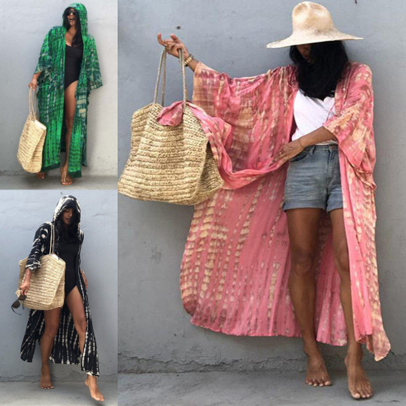 Rayon Water Print Bikini Cover up Loose Dress Sexy Cardigan Beach Sun Protection Shirt European American Style Women's Clothing Swimwear_ecoleips.com