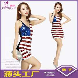 2023新款欧美条纹亮片美国旗包臀修身裙亮片夜店性感V领连衣裙