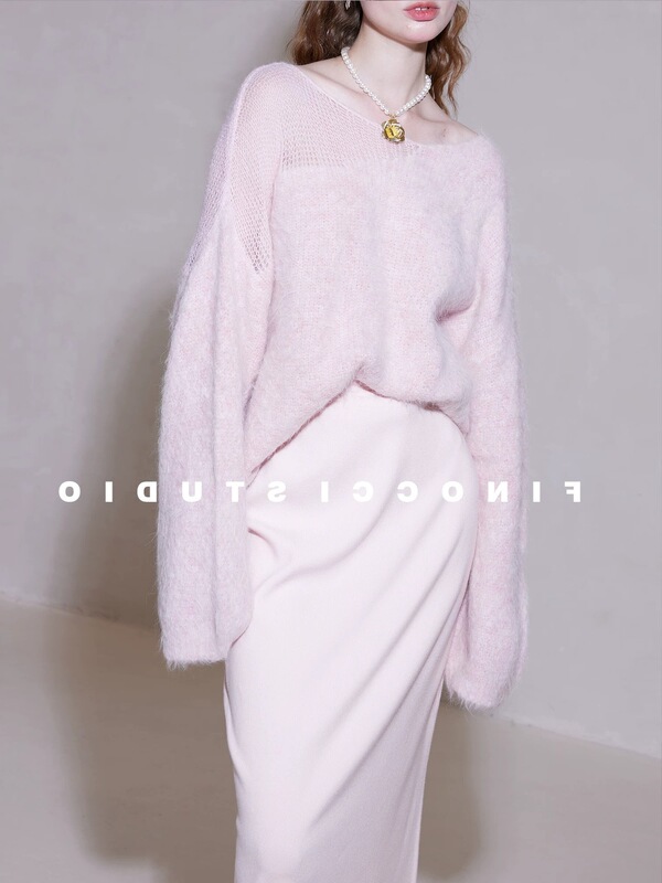 FINOCI Deep Winter Cherry Blossoms Hazy Lazy Laminated Shoulder Peruvian Sully Alpaca High-End Gentle Sweater