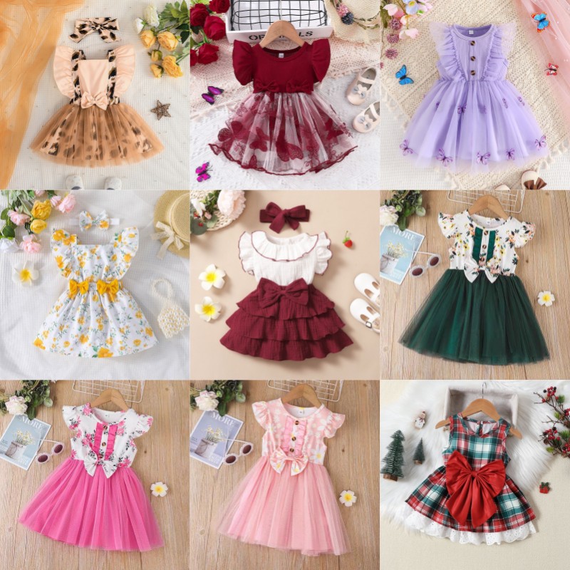 2025 Cross-Border Summer Children's Clothing Little Girl New Bow Stitching Flower Print Dress Mesh Skirt