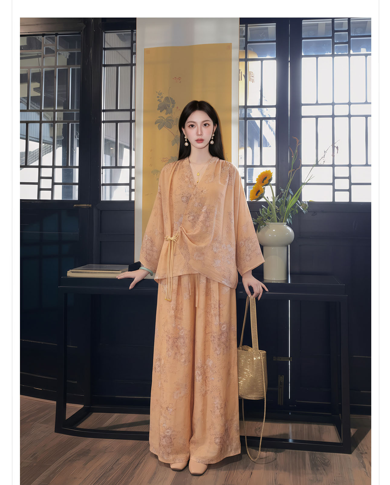 Bộ đồ bộ nữ phong cách Trung Hoa mới, áo rộng quần ống rộng họa tiết jacquard, form suông thoải mái — Trang chủ, bộ đồ, Quần dài chi tiết 8